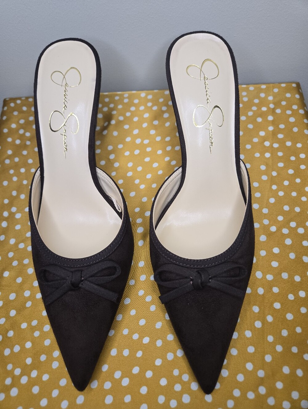 Jessica Simpson Brown Suede Bow Pointed Toe Mule Heels Size 9.5